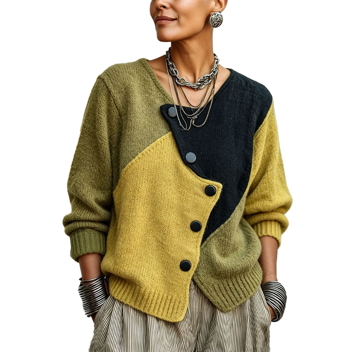 Rosemary – Asymmetric Colour Block Knit Cardigan