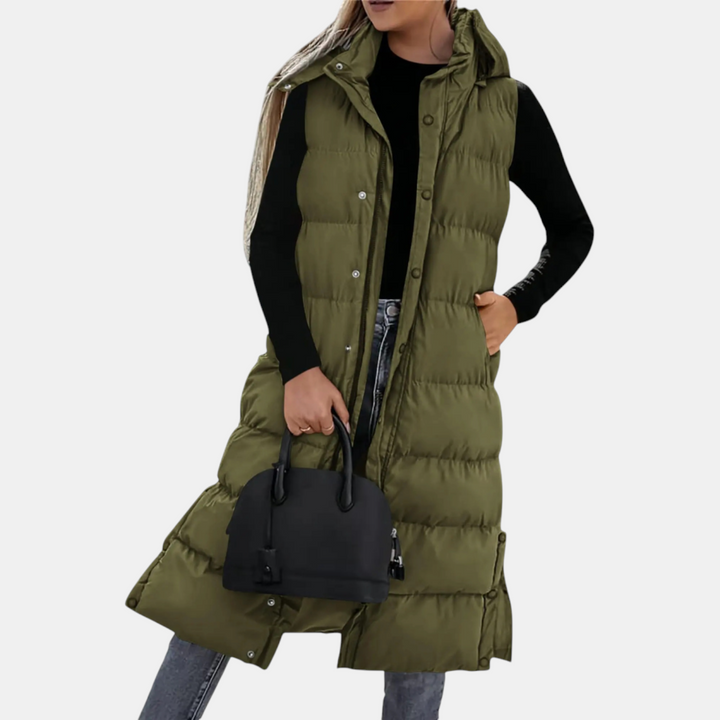 Angela – Quilted Hooded Maxi Puffer Waistcoat
