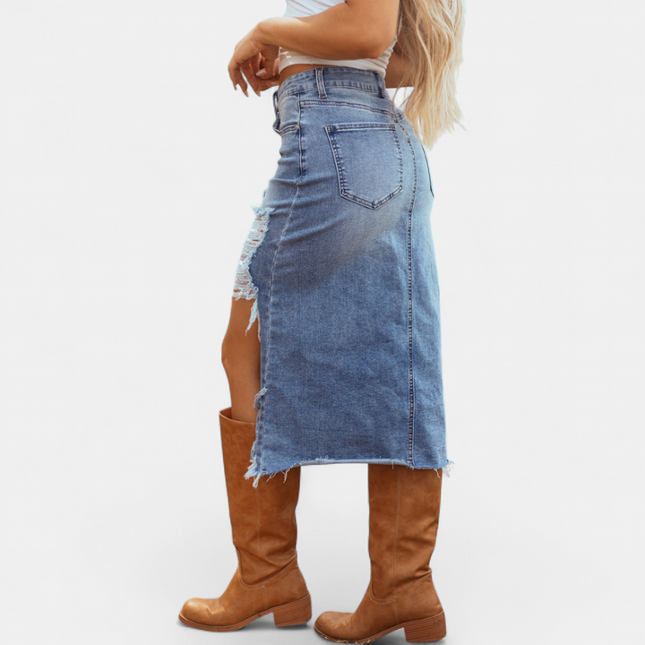 Phoebe – Distressed Asymmetric Denim Midi Skirt