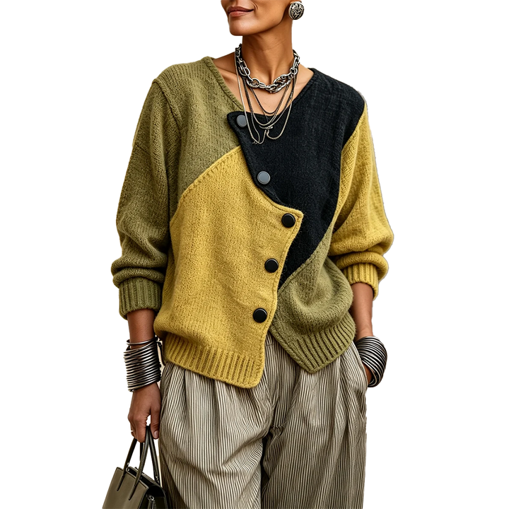 Rosemary – Asymmetric Colour Block Knit Cardigan