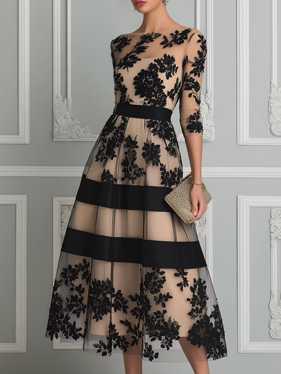 Delyth – Floral Lace A-Line Midi Dress