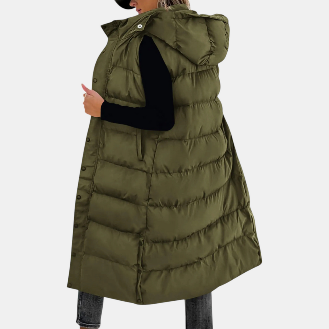 Angela – Quilted Hooded Maxi Puffer Waistcoat