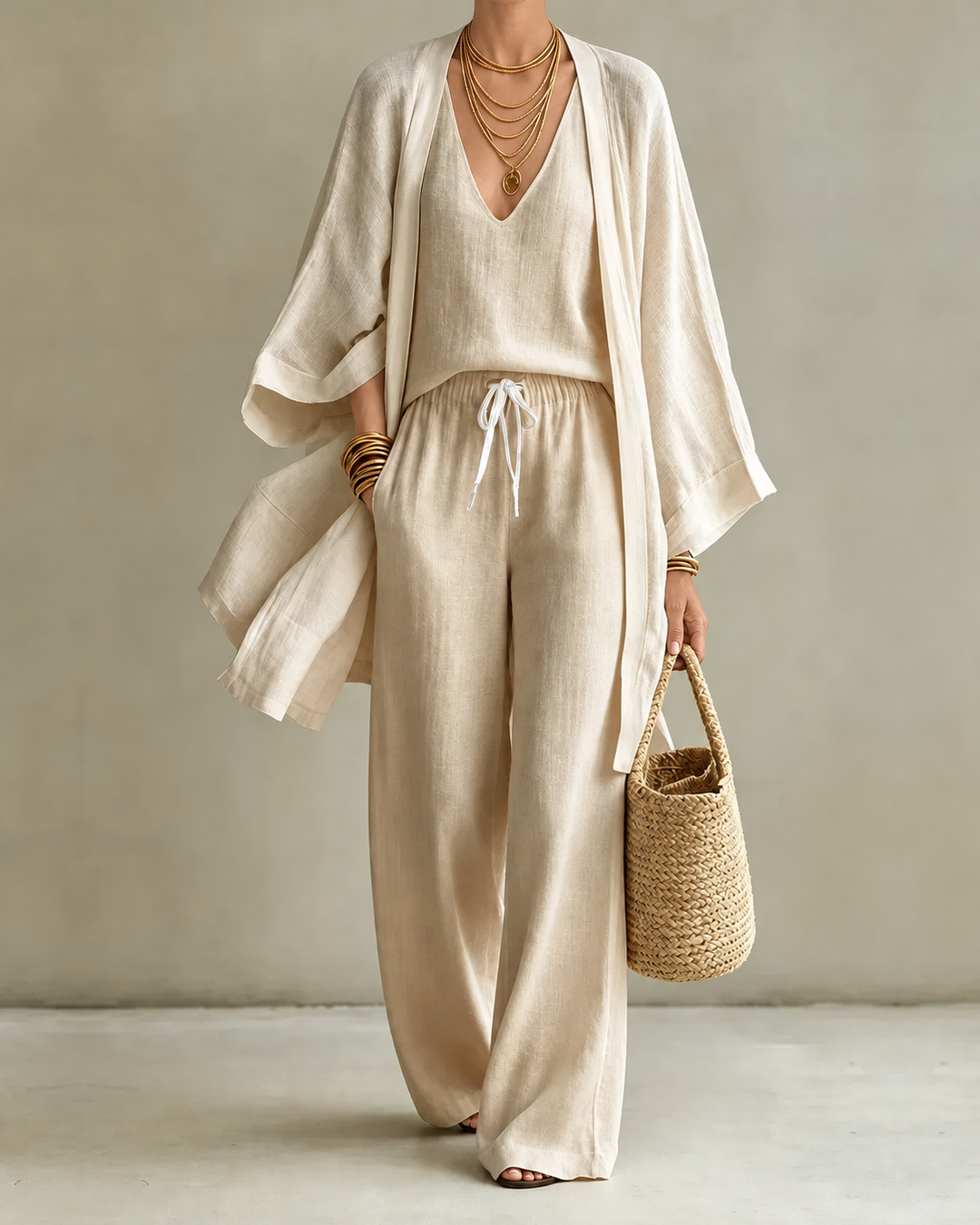 Saskia – Linen-Look Wide-Leg Three-Piece Set