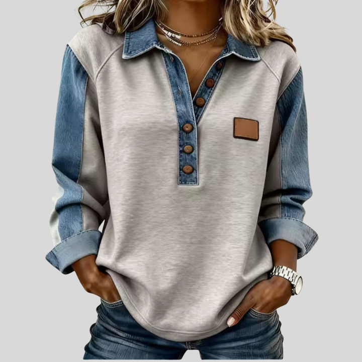 Tessa – Denim-Panel Collared Pullover