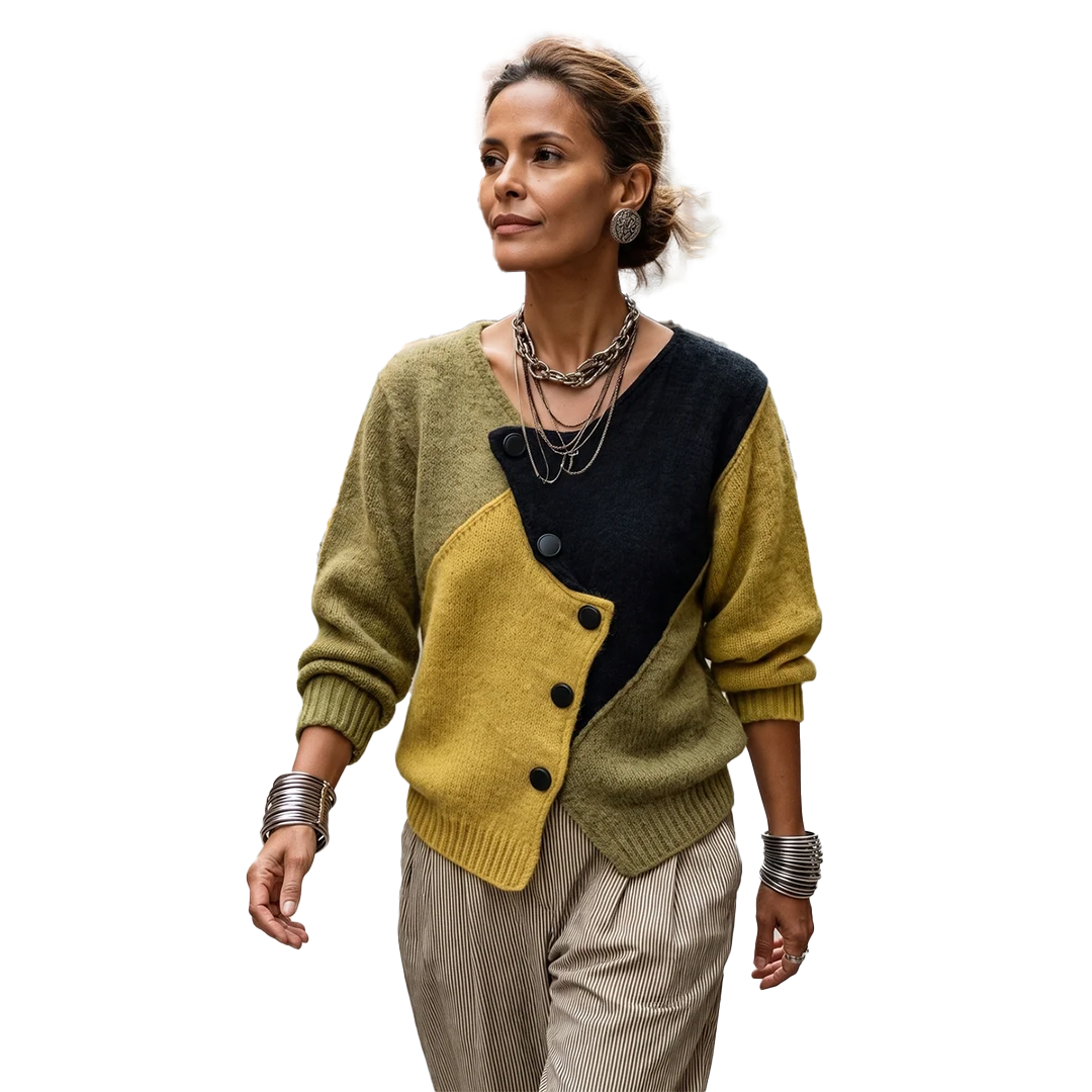 Rosemary – Asymmetric Colour Block Knit Cardigan