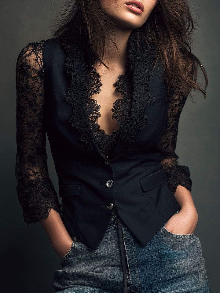 Janet – Lace-Sleeve Structured Blazer