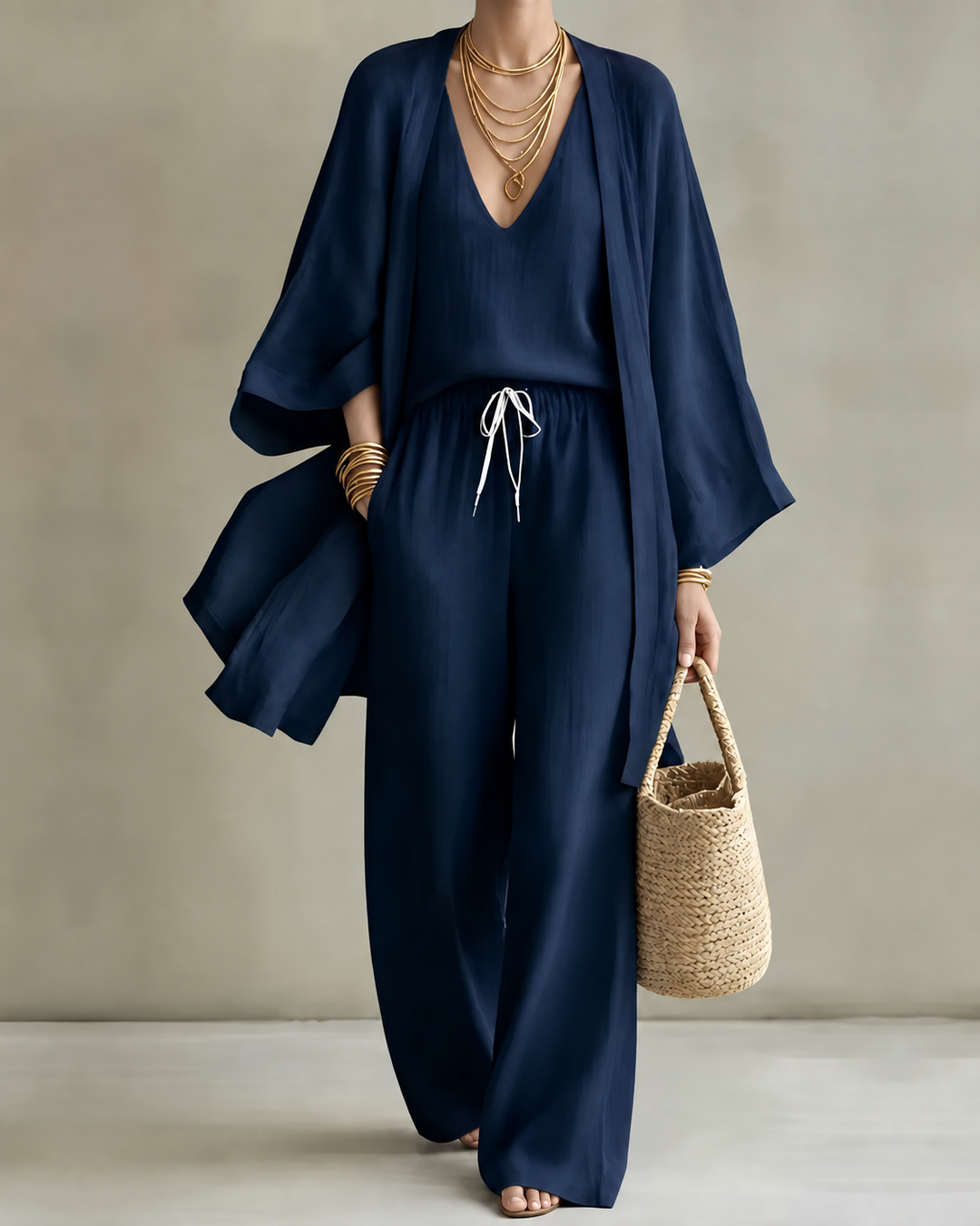 Saskia – Linen-Look Wide-Leg Three-Piece Set