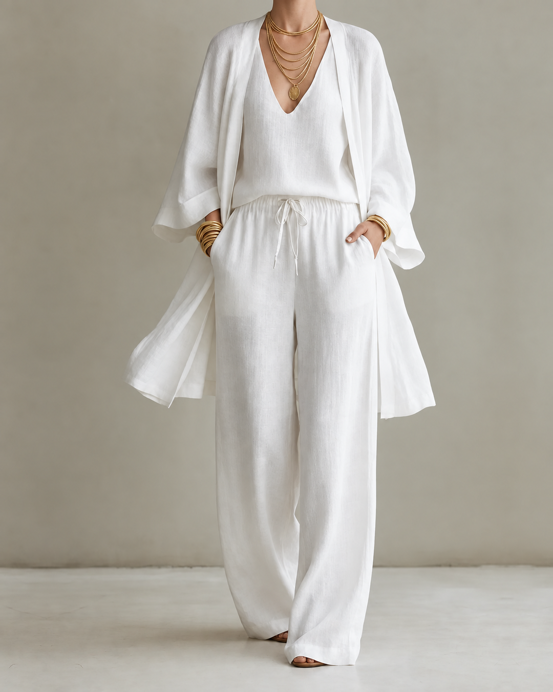 Saskia – Linen-Look Wide-Leg Three-Piece Set
