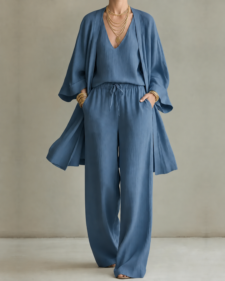Saskia – Linen-Look Wide-Leg Three-Piece Set
