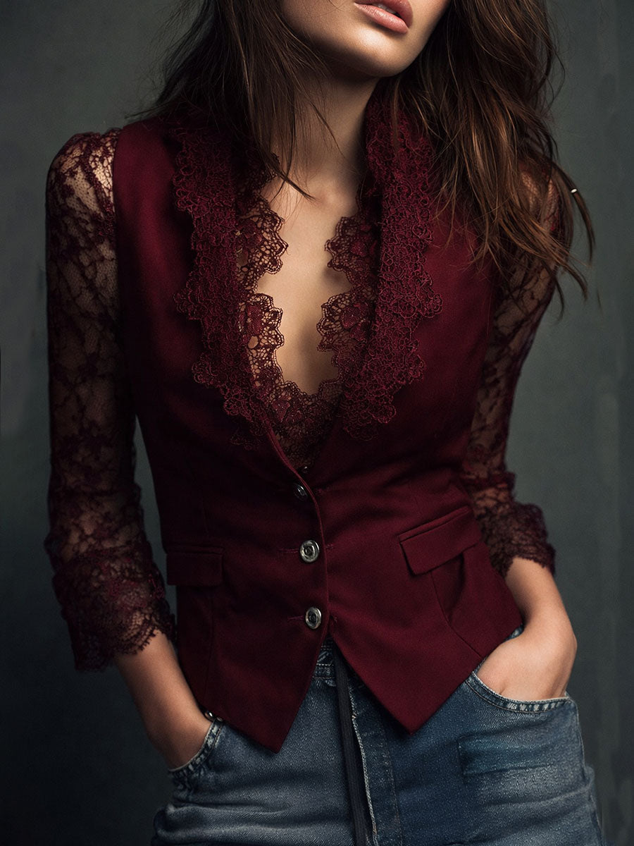 Janet – Lace-Sleeve Structured Blazer