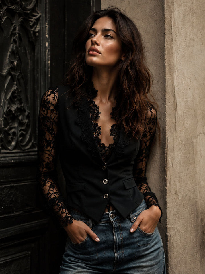 Janet – Lace-Sleeve Structured Blazer