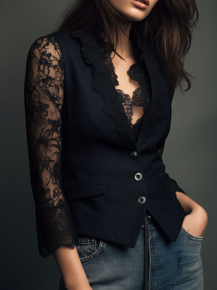 Janet – Lace-Sleeve Structured Blazer