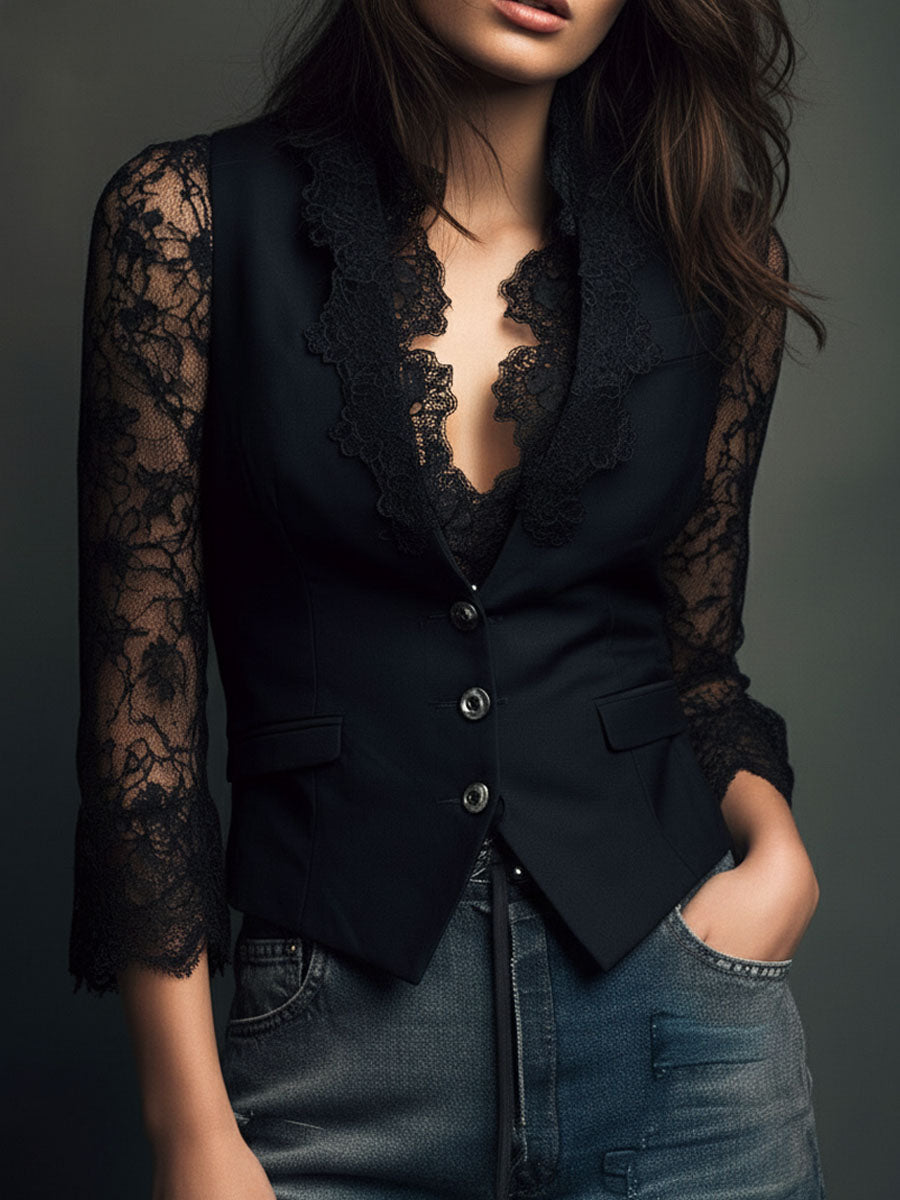 Janet – Lace-Sleeve Structured Blazer
