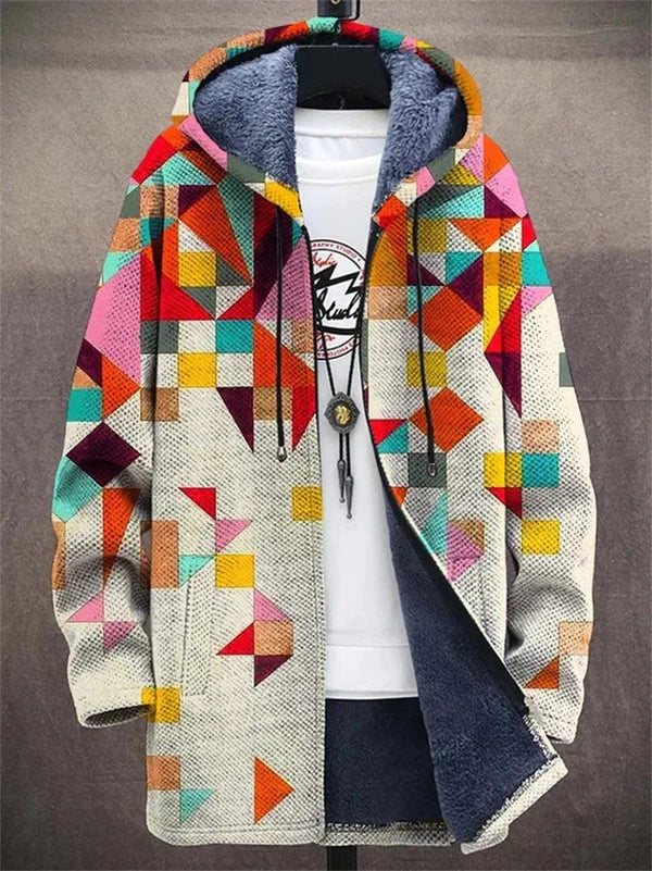 Dorothy – Geometric Print Fleece-Lined Hooded Jacket