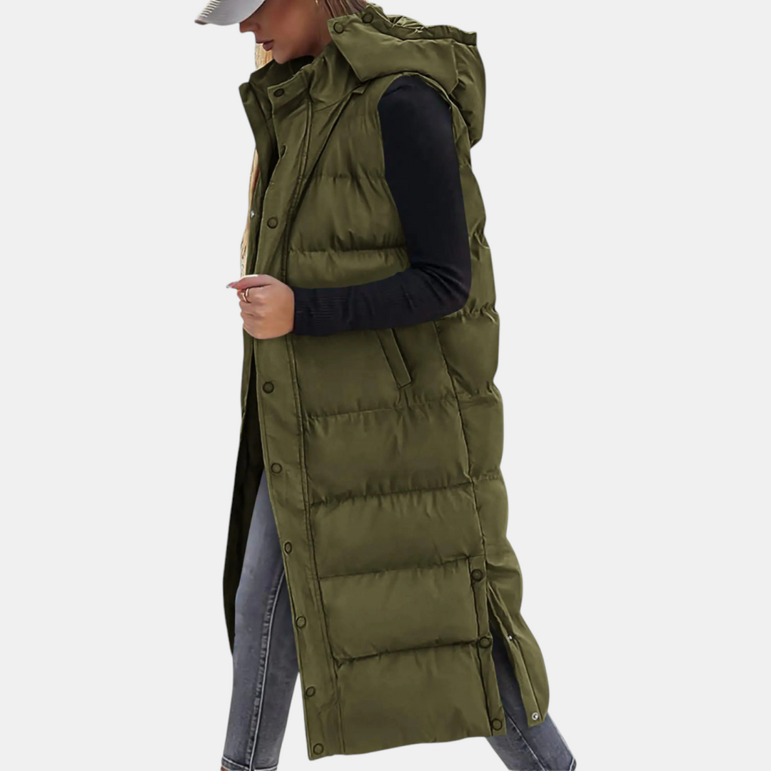 Angela – Quilted Hooded Maxi Puffer Waistcoat