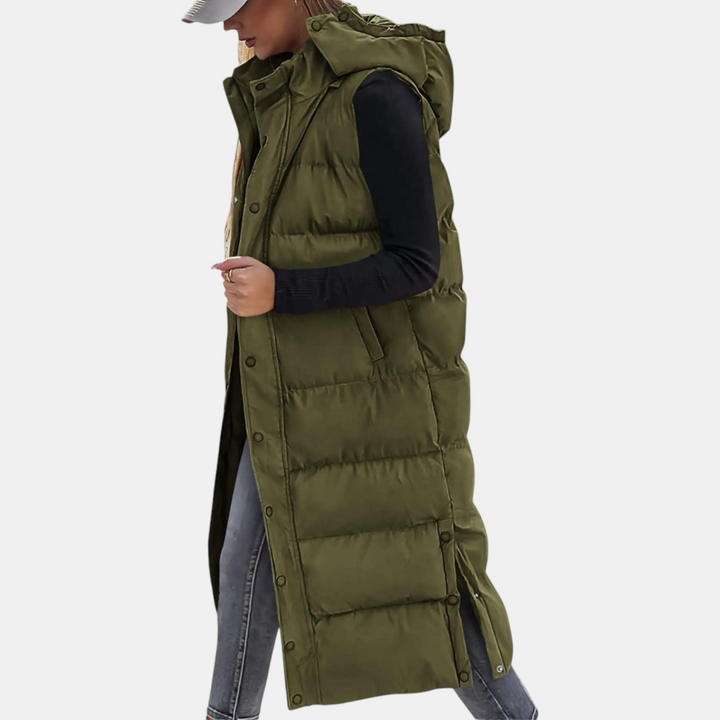 Angela – Quilted Hooded Maxi Puffer Waistcoat
