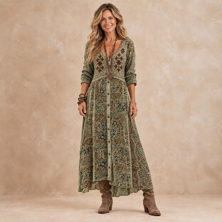 Catherine – Bohemian Patterned Button-Front Maxi Dress
