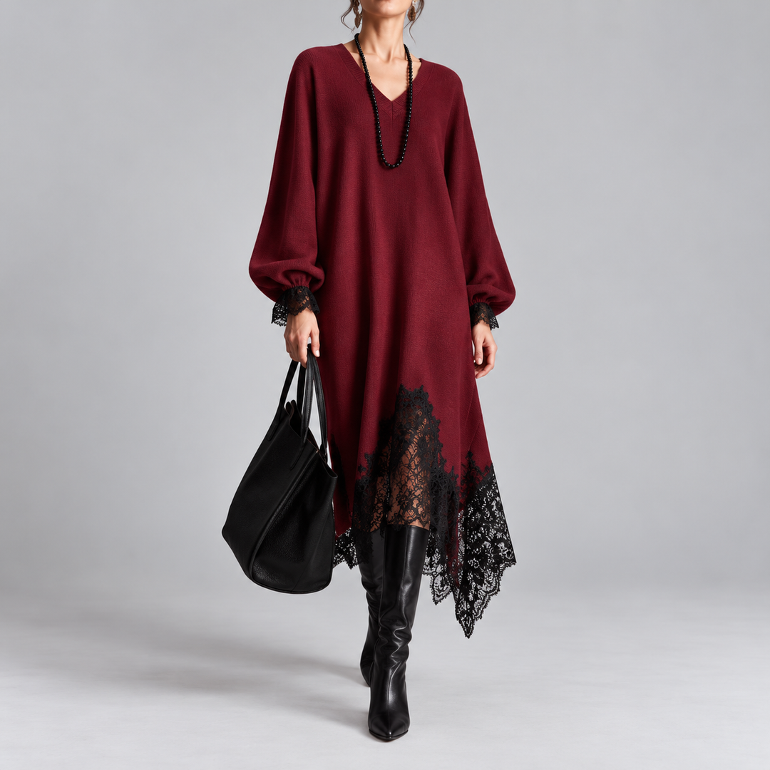 Fenella – Knit Midi Dress with Lace Trim