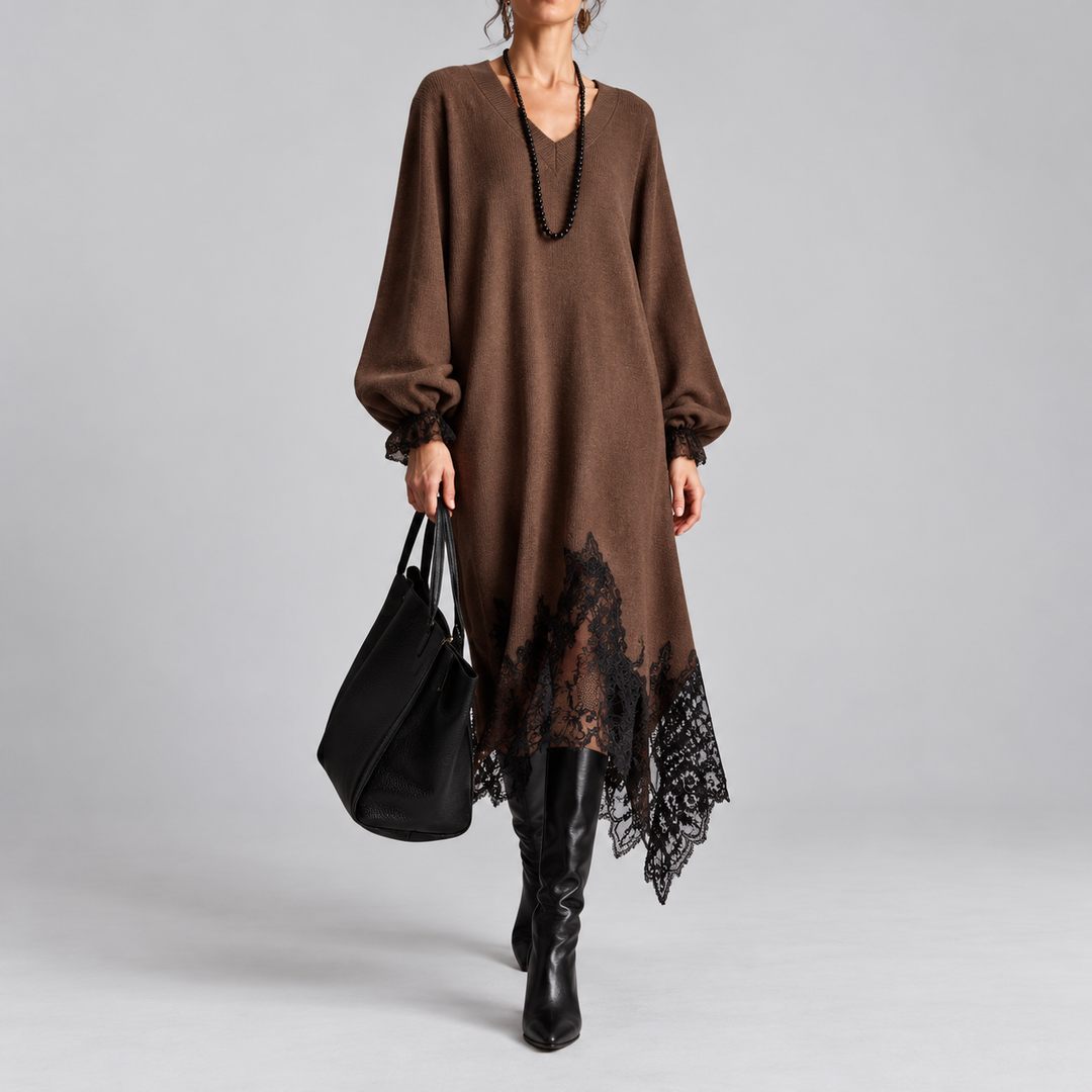 Fenella – Knit Midi Dress with Lace Trim