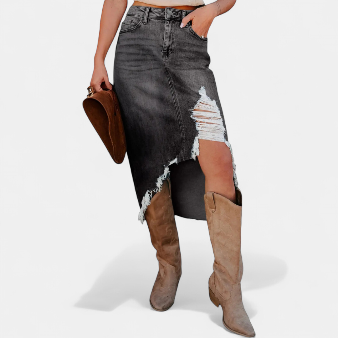 Phoebe – Distressed Asymmetric Denim Midi Skirt