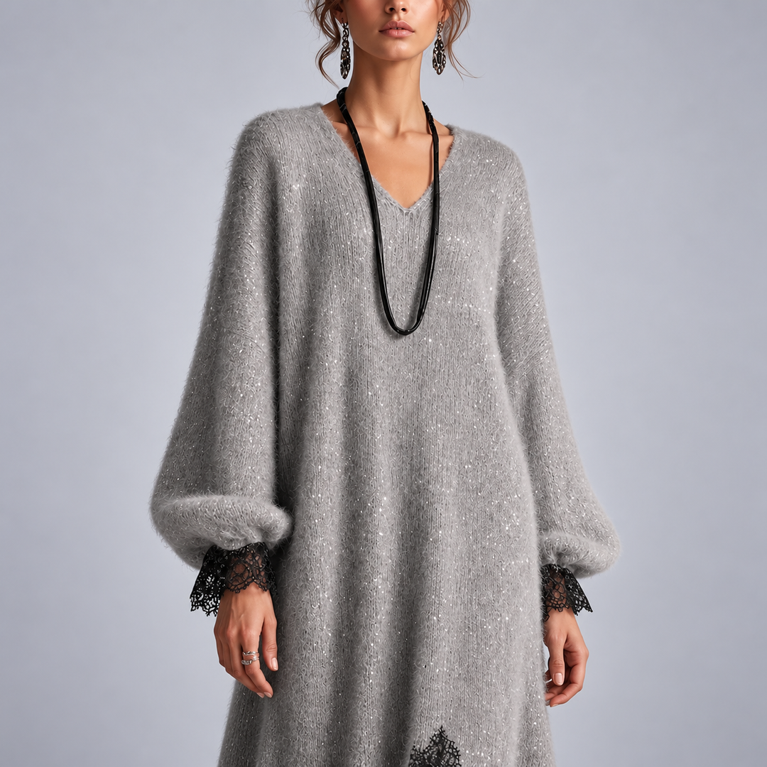 Fenella – Knit Midi Dress with Lace Trim