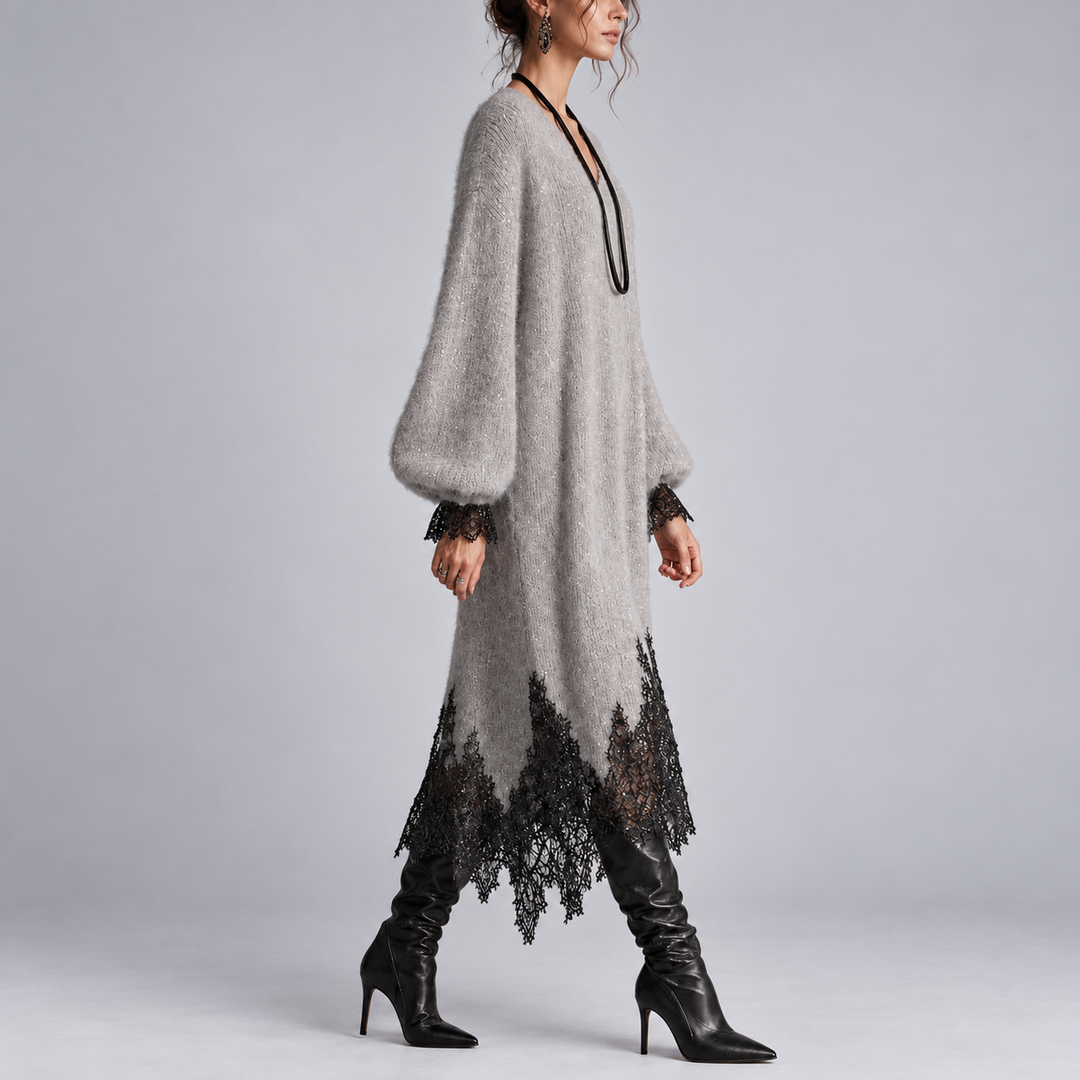 Fenella – Knit Midi Dress with Lace Trim
