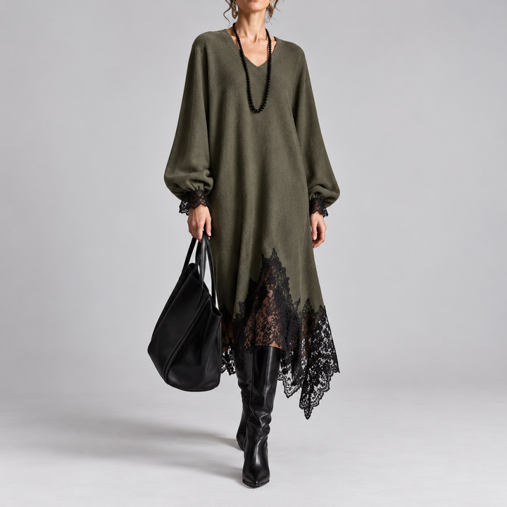 Fenella – Knit Midi Dress with Lace Trim