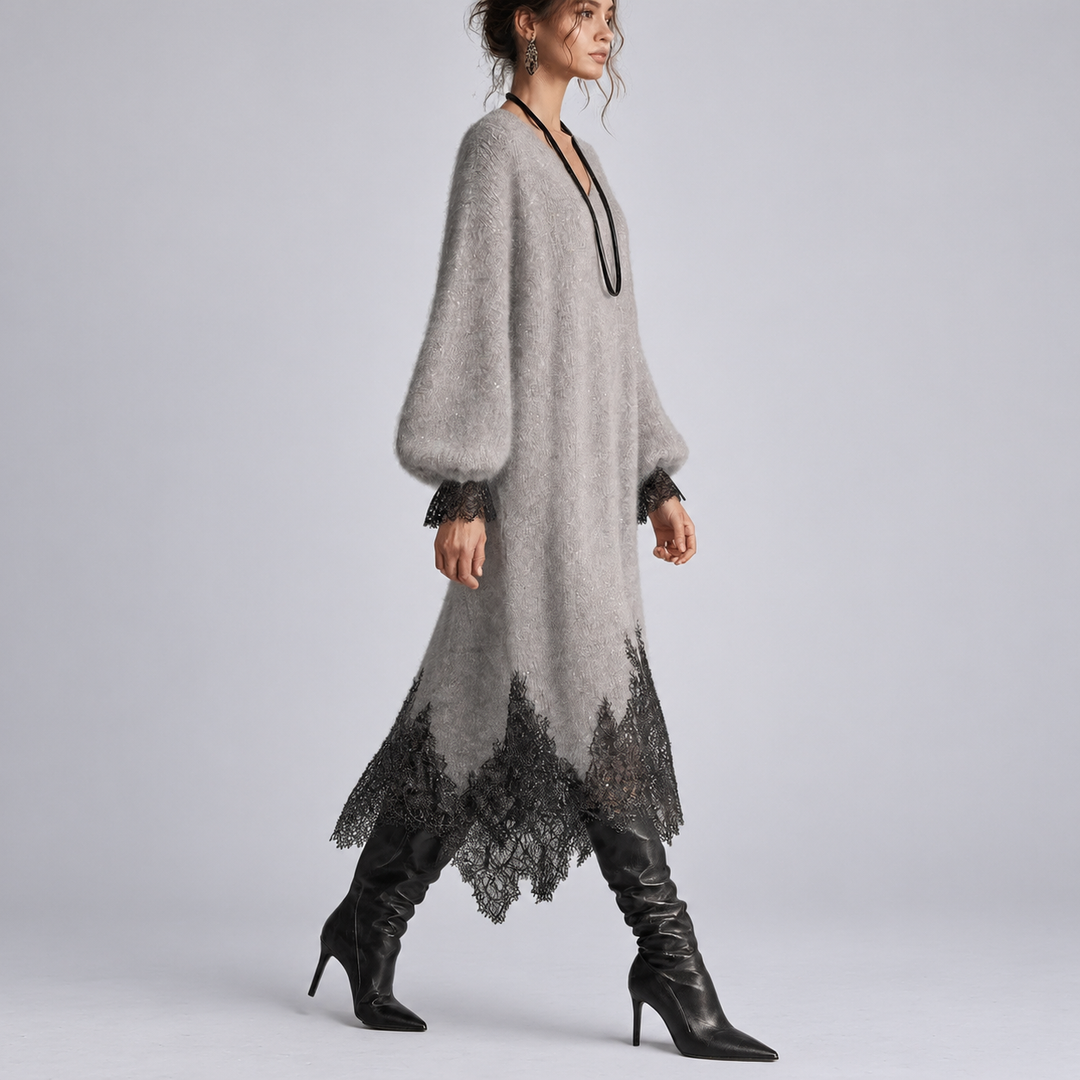 Fenella – Knit Midi Dress with Lace Trim