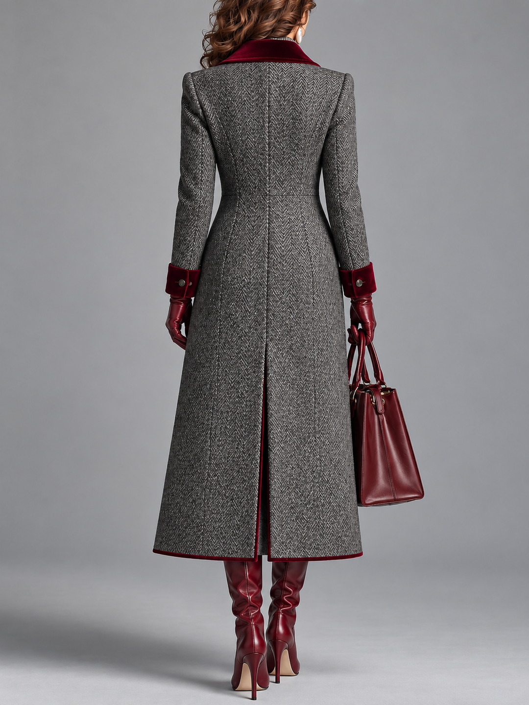 Ione – Herringbone Longline Coat with Velvet Trim