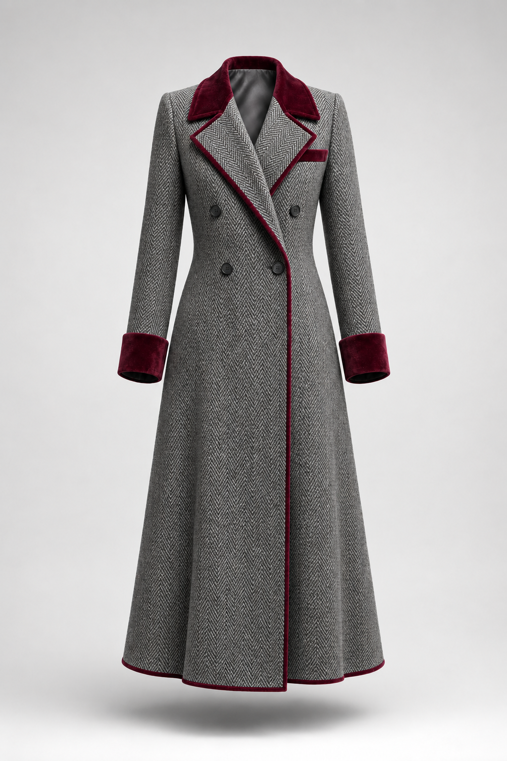 Ione – Herringbone Longline Coat with Velvet Trim