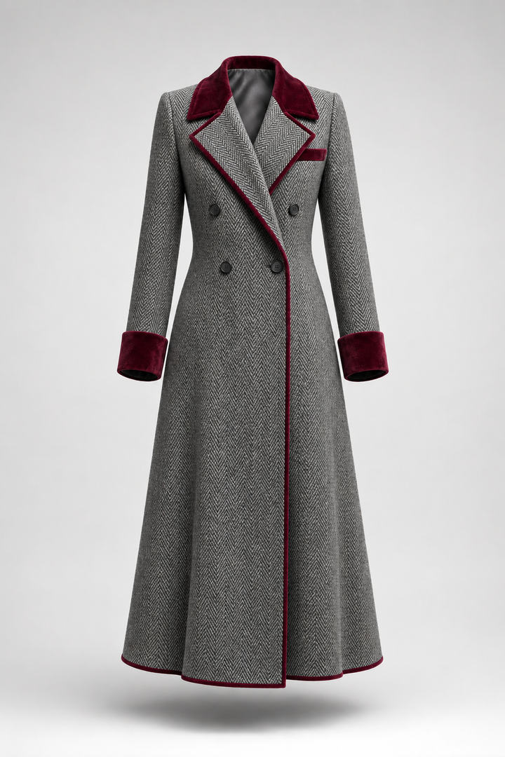 Ione – Herringbone Longline Coat with Velvet Trim