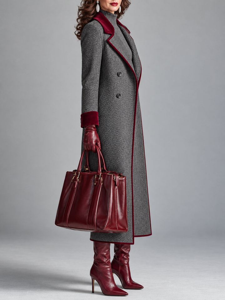 Ione – Herringbone Longline Coat with Velvet Trim