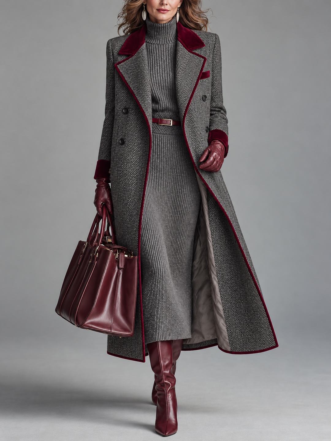 Ione – Herringbone Longline Coat with Velvet Trim