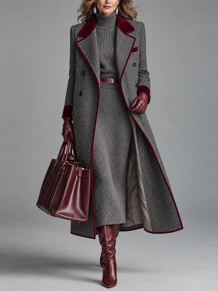 Ione – Herringbone Longline Coat with Velvet Trim