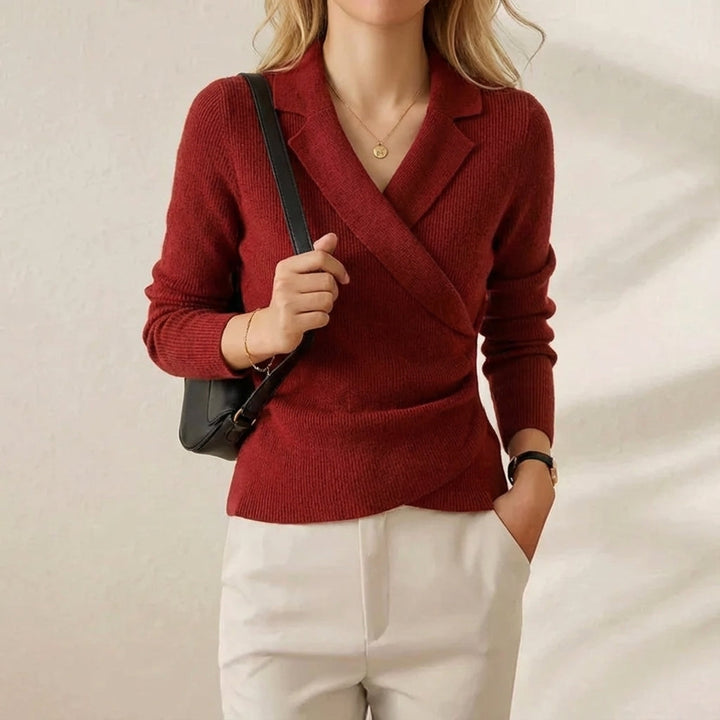 Genevieve – Wrap-Front Collared Knit Top