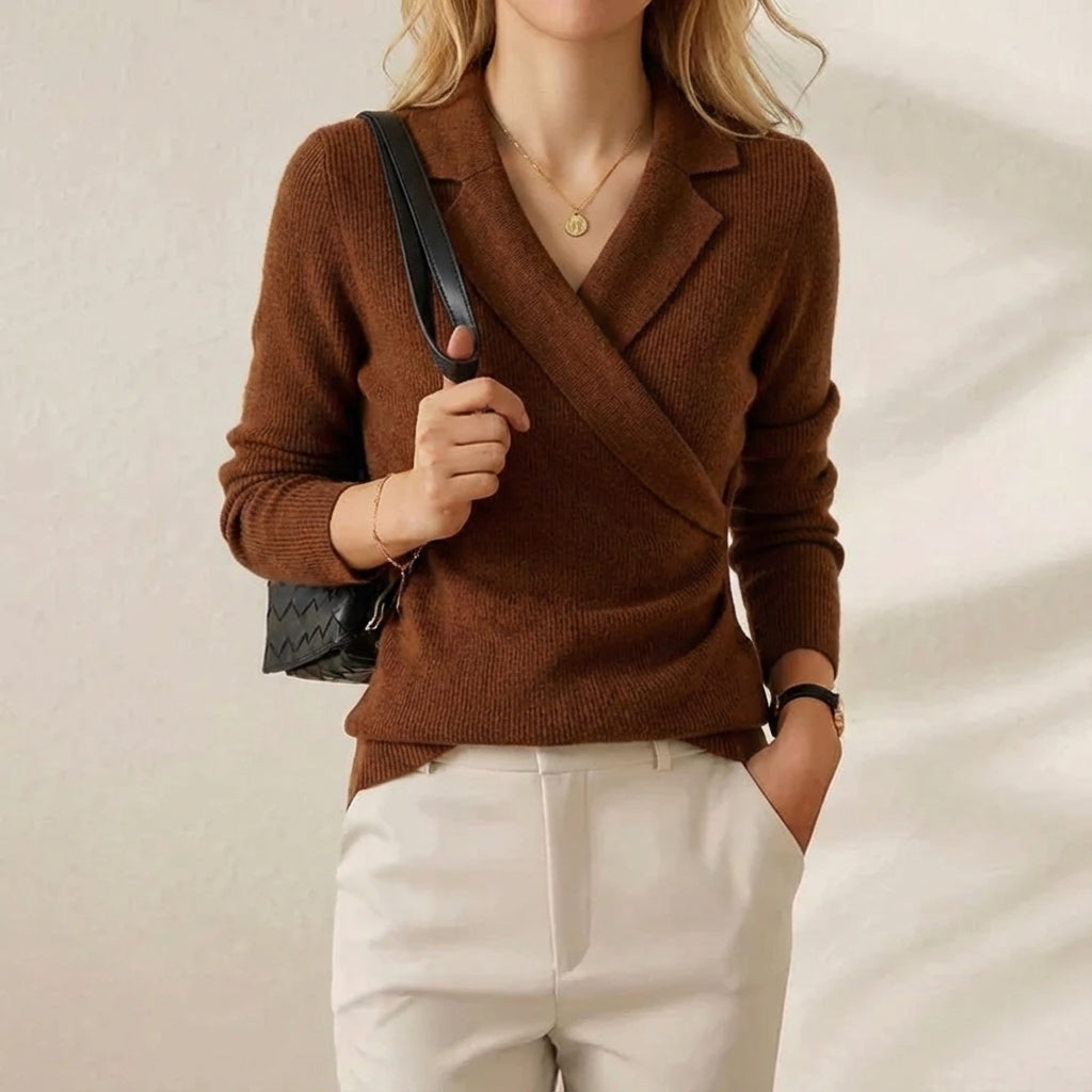 Genevieve – Wrap-Front Collared Knit Top