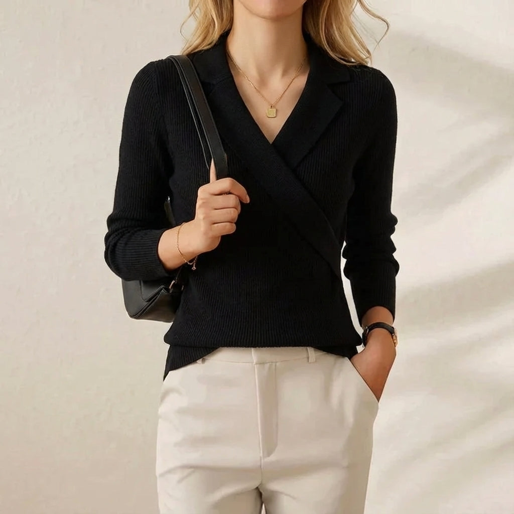 Genevieve – Wrap-Front Collared Knit Top