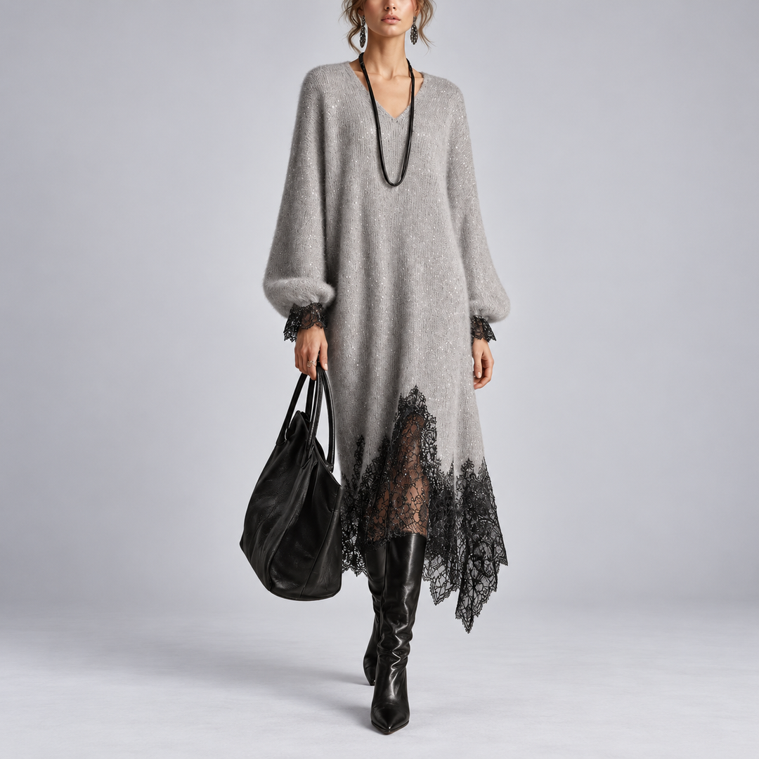 Fenella – Knit Midi Dress with Lace Trim