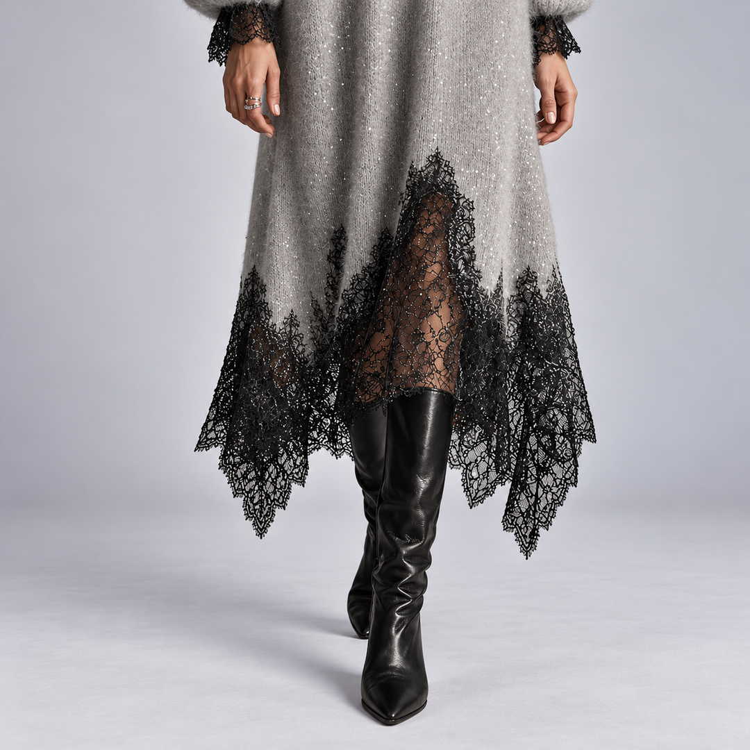 Fenella – Knit Midi Dress with Lace Trim
