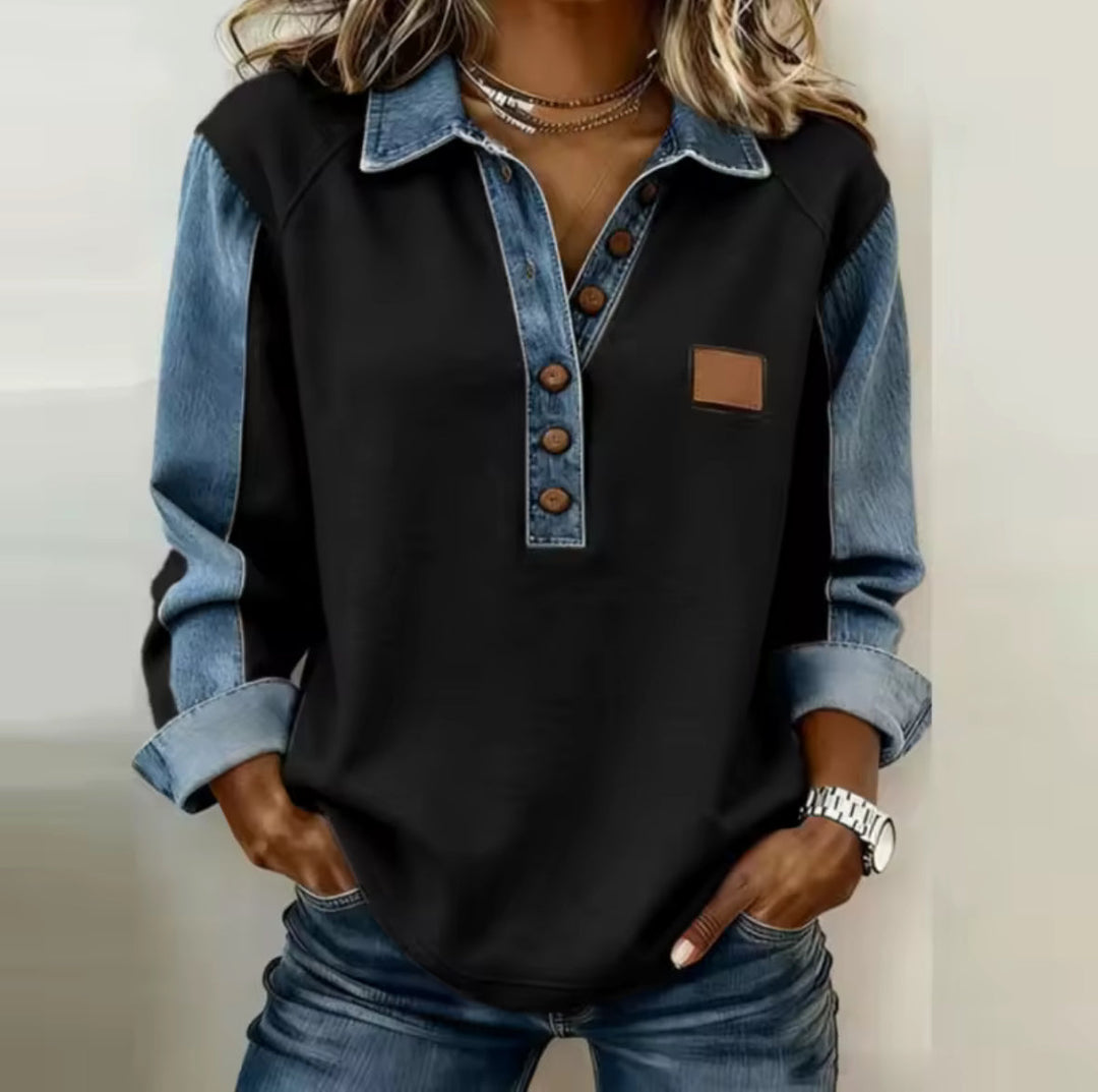 Tessa – Denim-Panel Collared Pullover