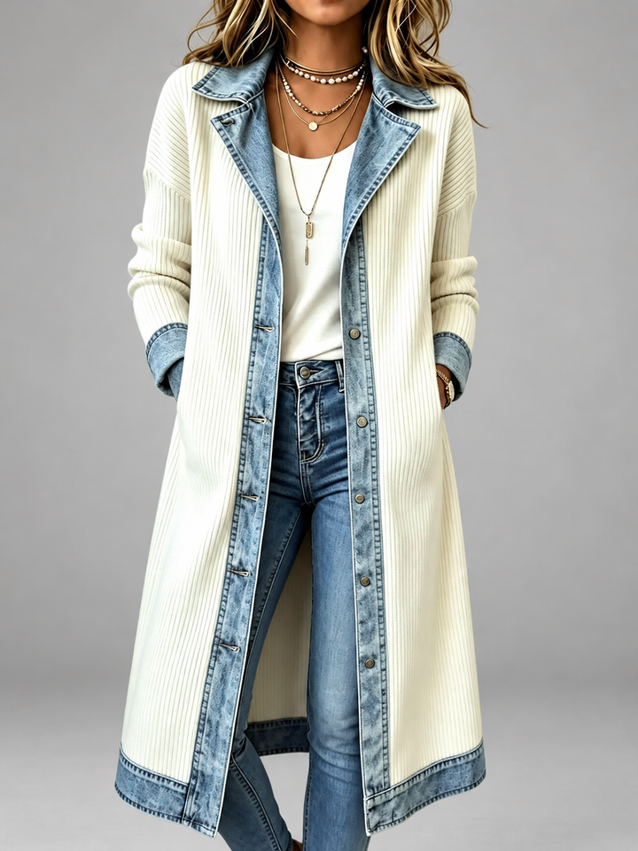 Honora – Longline Ribbed Denim-Trim Coat