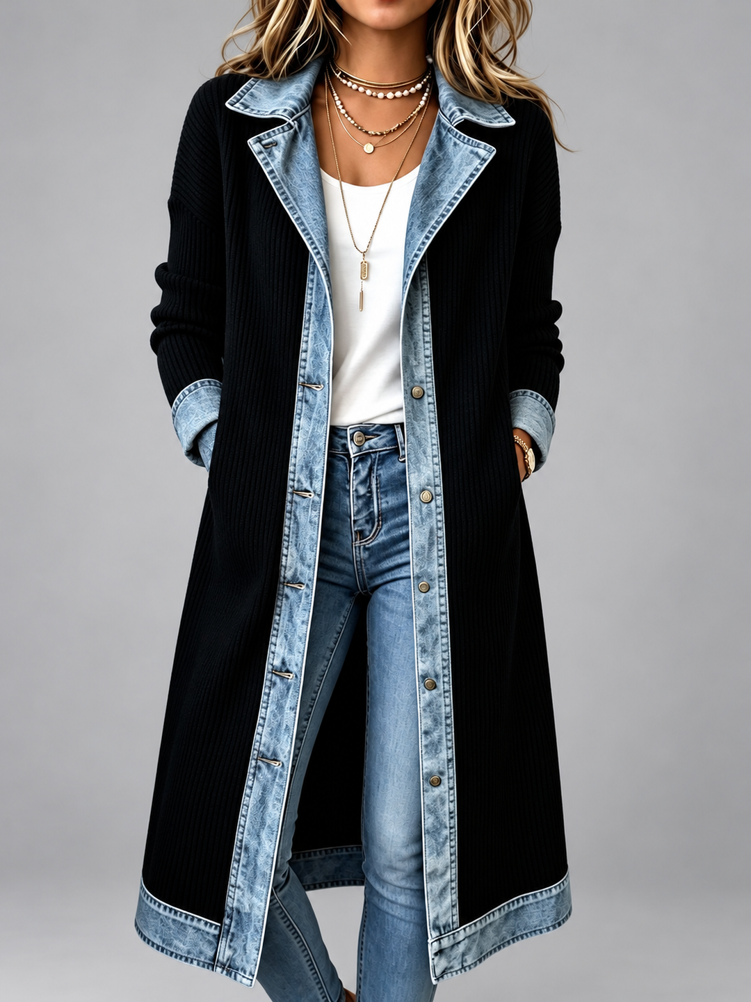 Honora – Longline Ribbed Denim-Trim Coat