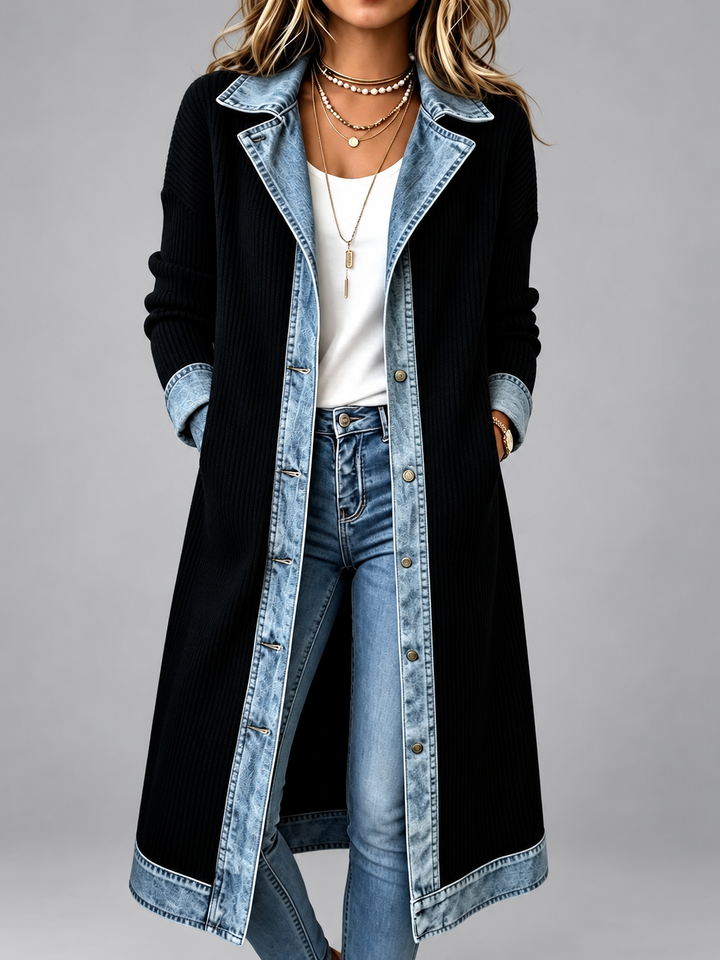 Honora – Longline Ribbed Denim-Trim Coat