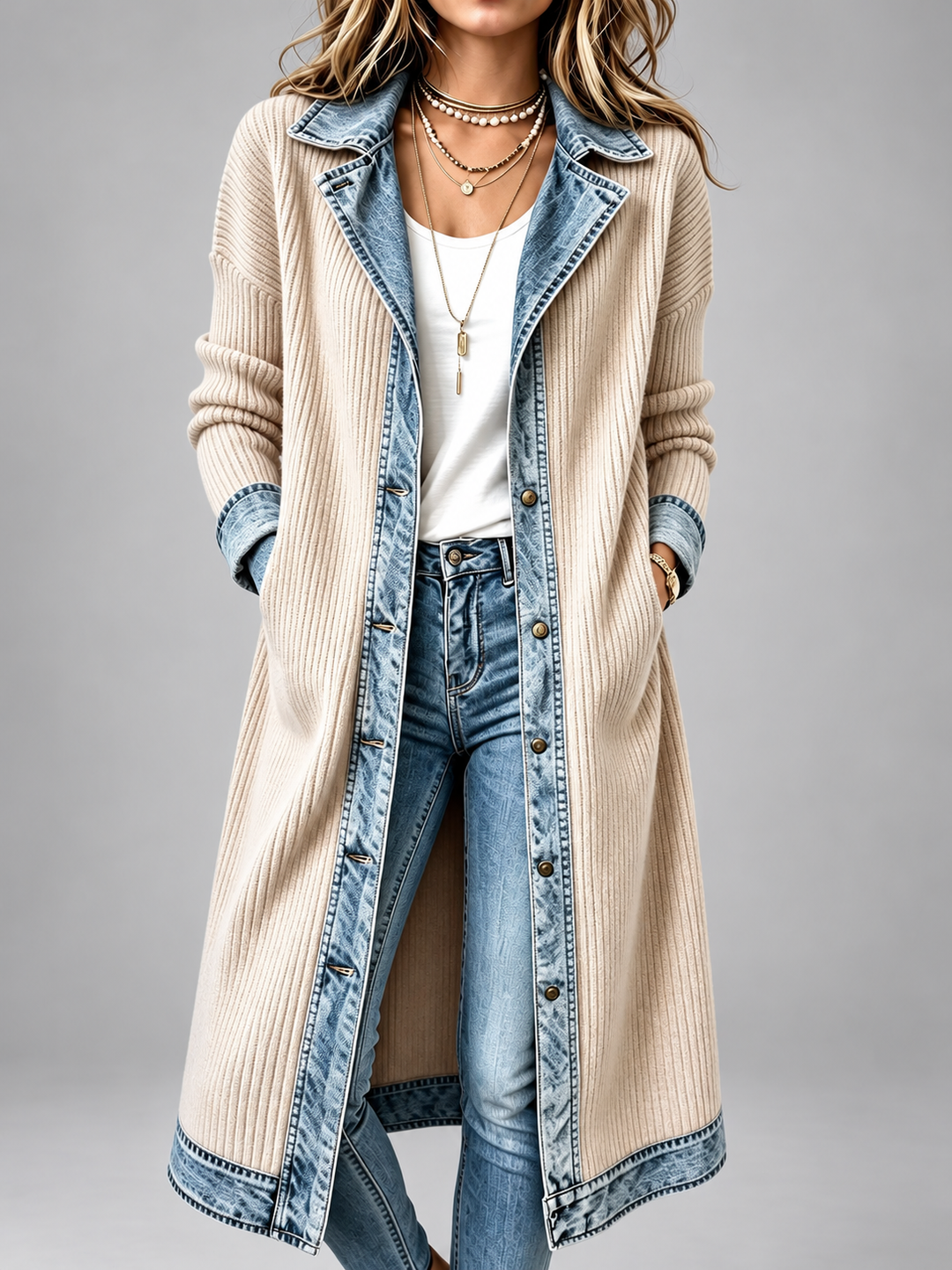 Honora – Longline Ribbed Denim-Trim Coat