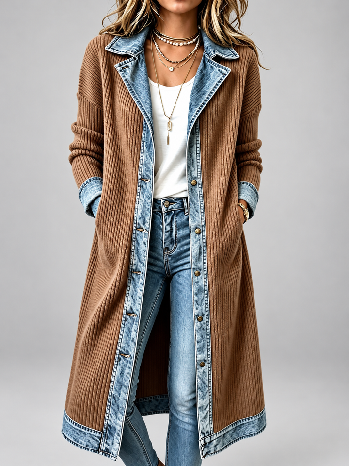 Honora – Longline Ribbed Denim-Trim Coat