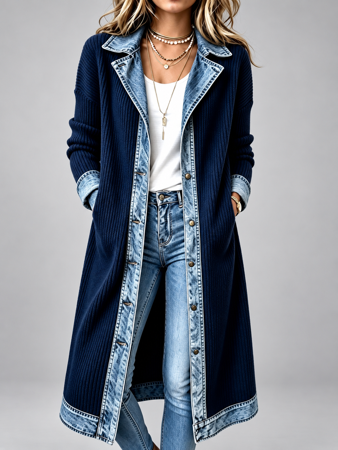 Honora – Longline Ribbed Denim-Trim Coat