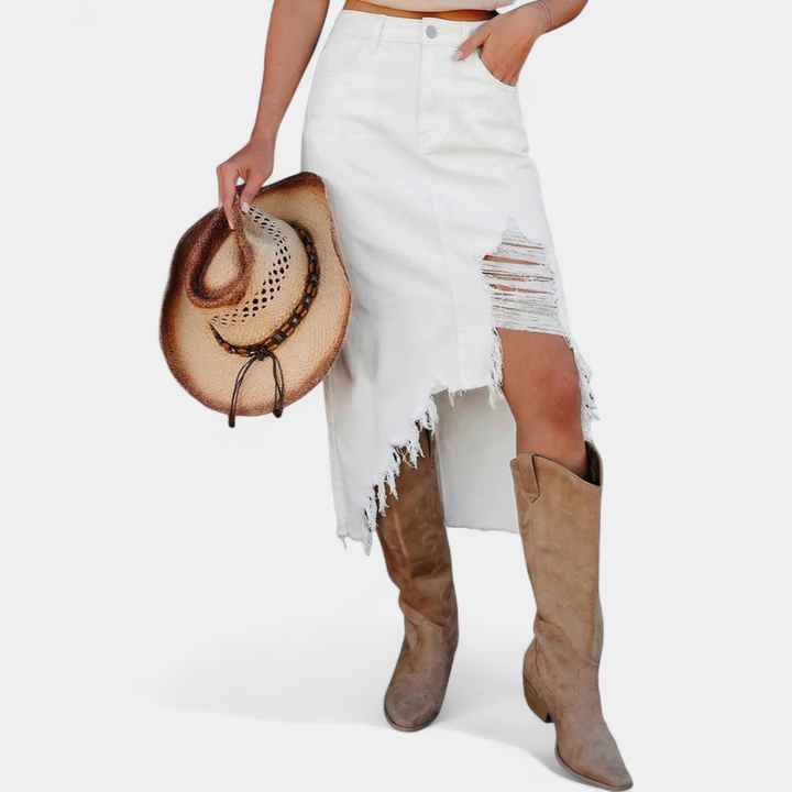 Phoebe – Distressed Asymmetric Denim Midi Skirt