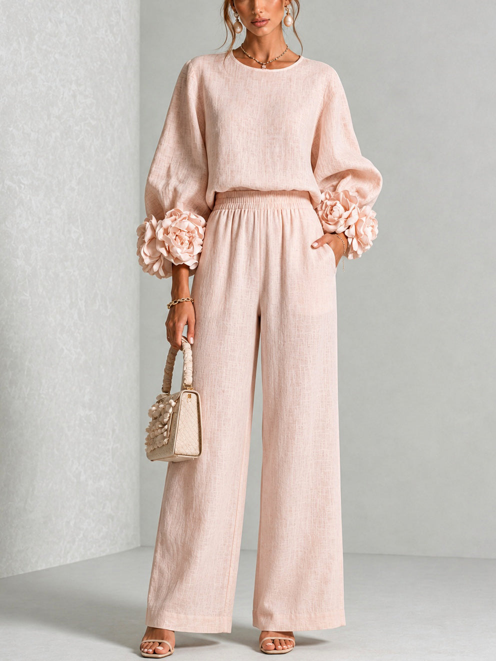 Kitty – Floral Cuff Wide-Leg Two-Piece Set