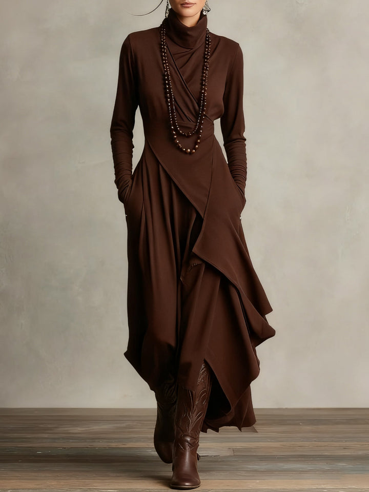 Meredith – Asymmetric Draped Polo Neck Maxi Dress