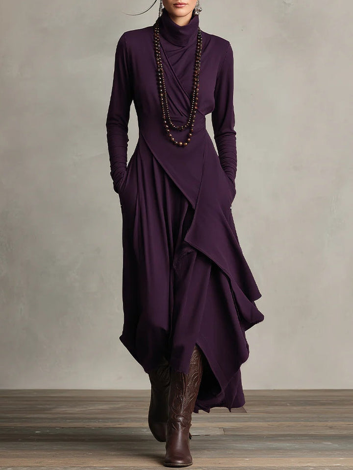 Meredith – Asymmetric Draped Polo Neck Maxi Dress